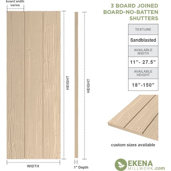 Rustic Three Board Joined Board-n-Batten Sandblasted Faux Wood Shutters W/No Batten, 16 1/2W X 44H